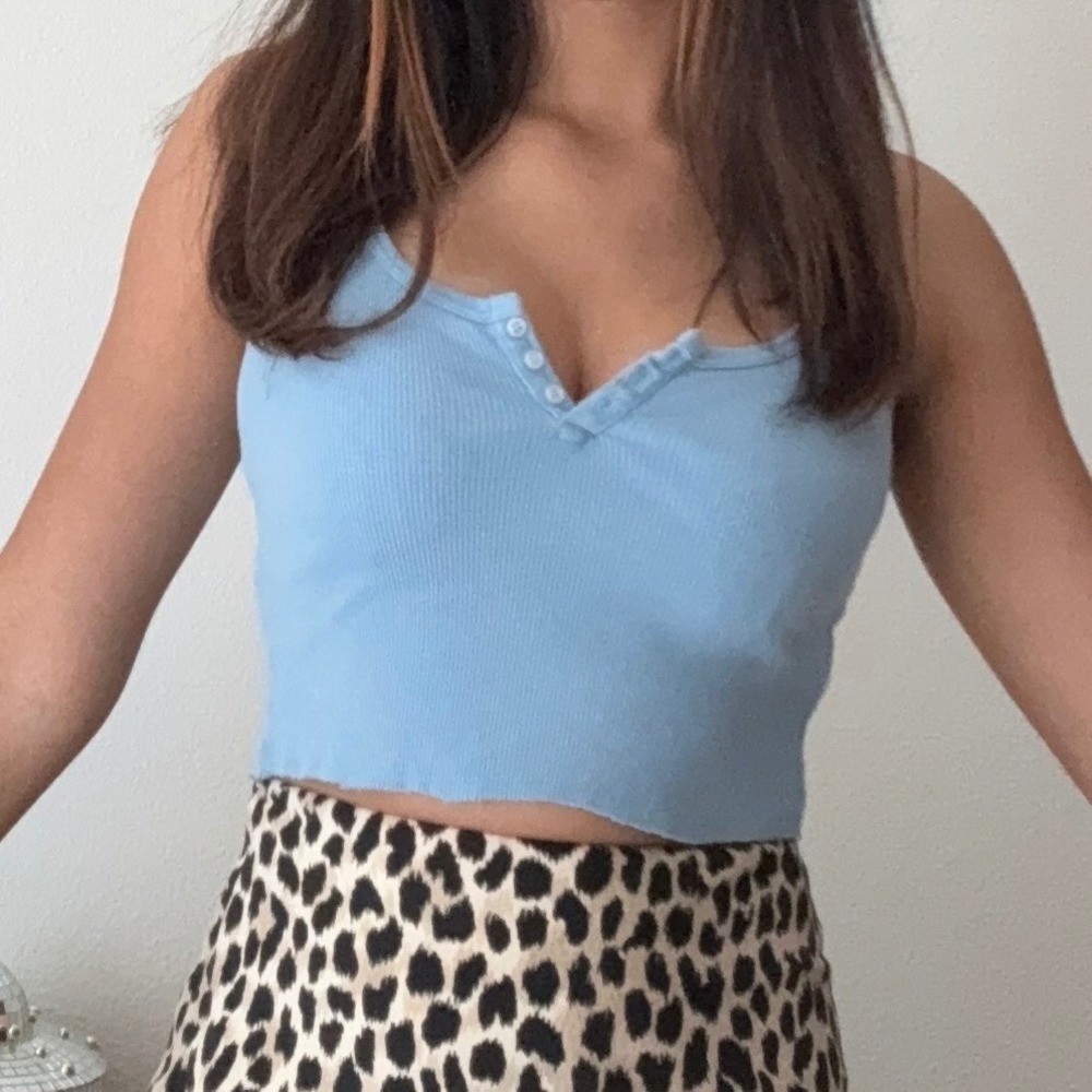 Brandy‎ Melville Ribbed Crop Top Tank Blue Button Front Sleeveless Casual